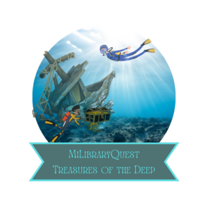 MiLibraryQuest logo with a shipwreck, divers, and text “MiLibraryQuest Treasures of the Deep”